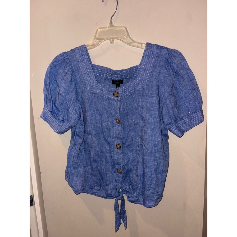 Talbots Petite Blue 100% Linen Puff Sleeve Square Neck Tie Front Top size Small